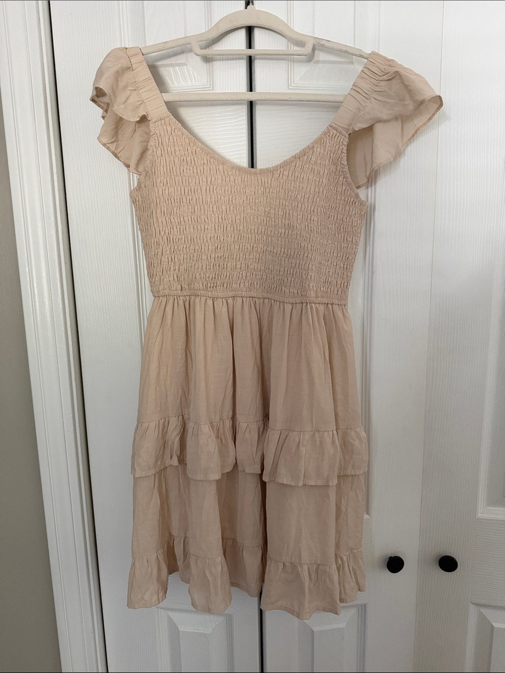 Smocked Ruffle Tiered Casual Dress in Light Beige